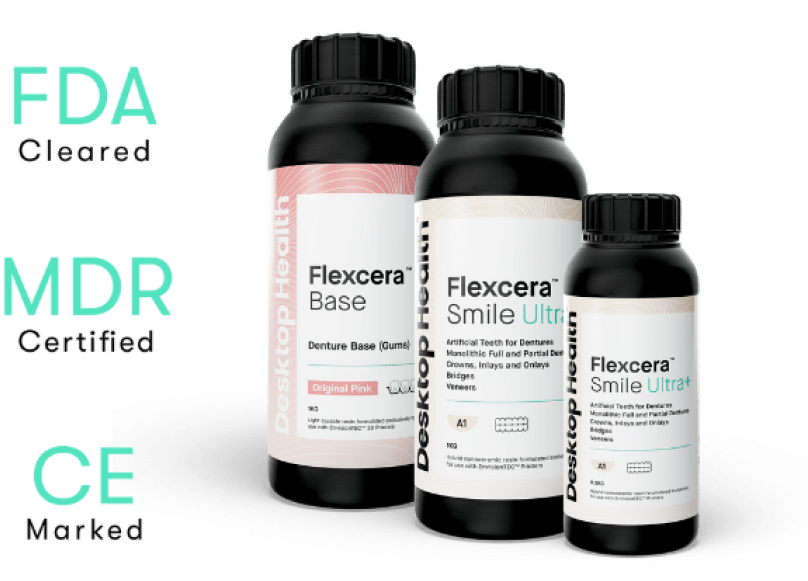 Flexcera family of certified 3D print dental materials, Flexera is a FDA Cleared ,MDR Certified and CE Marked 3D priting dental resins family
